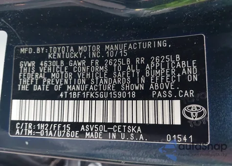2016 Toyota Camry Se from USA, damaged, VIN 4T1BF1FK5GU159018